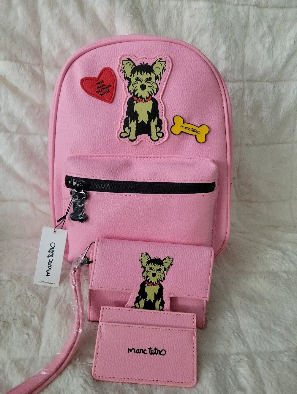 Marc Tetro Pink Kids To Adults Mini Backpack Set with Wallet Card Hold Dog Patch